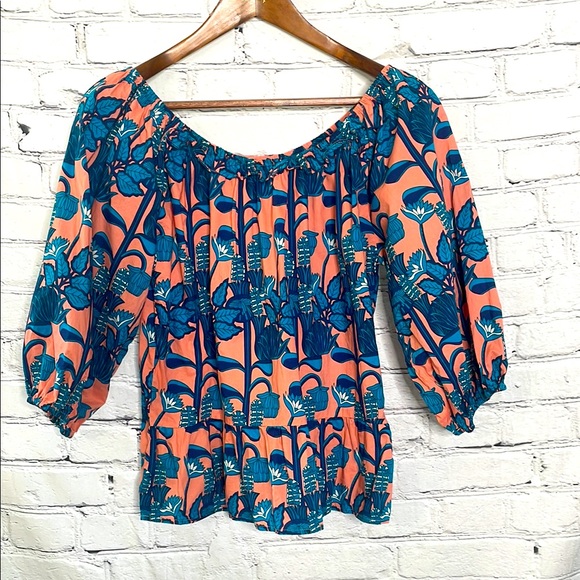Anthropologie Tops - Anthropologie Blue Tassel Pink Blue Peplum Puff Sleeve Blouse Size Medium